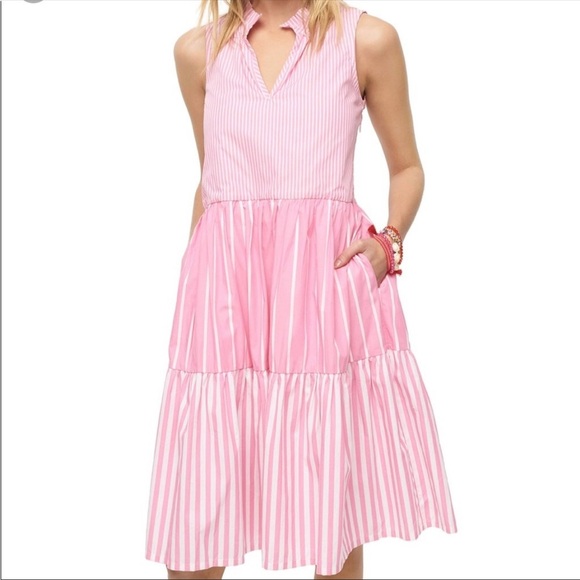 J. Crew Pink Mixed Striped Sleeveless Tiered Popover Dress NWT Size Medium - Picture 2 of 2